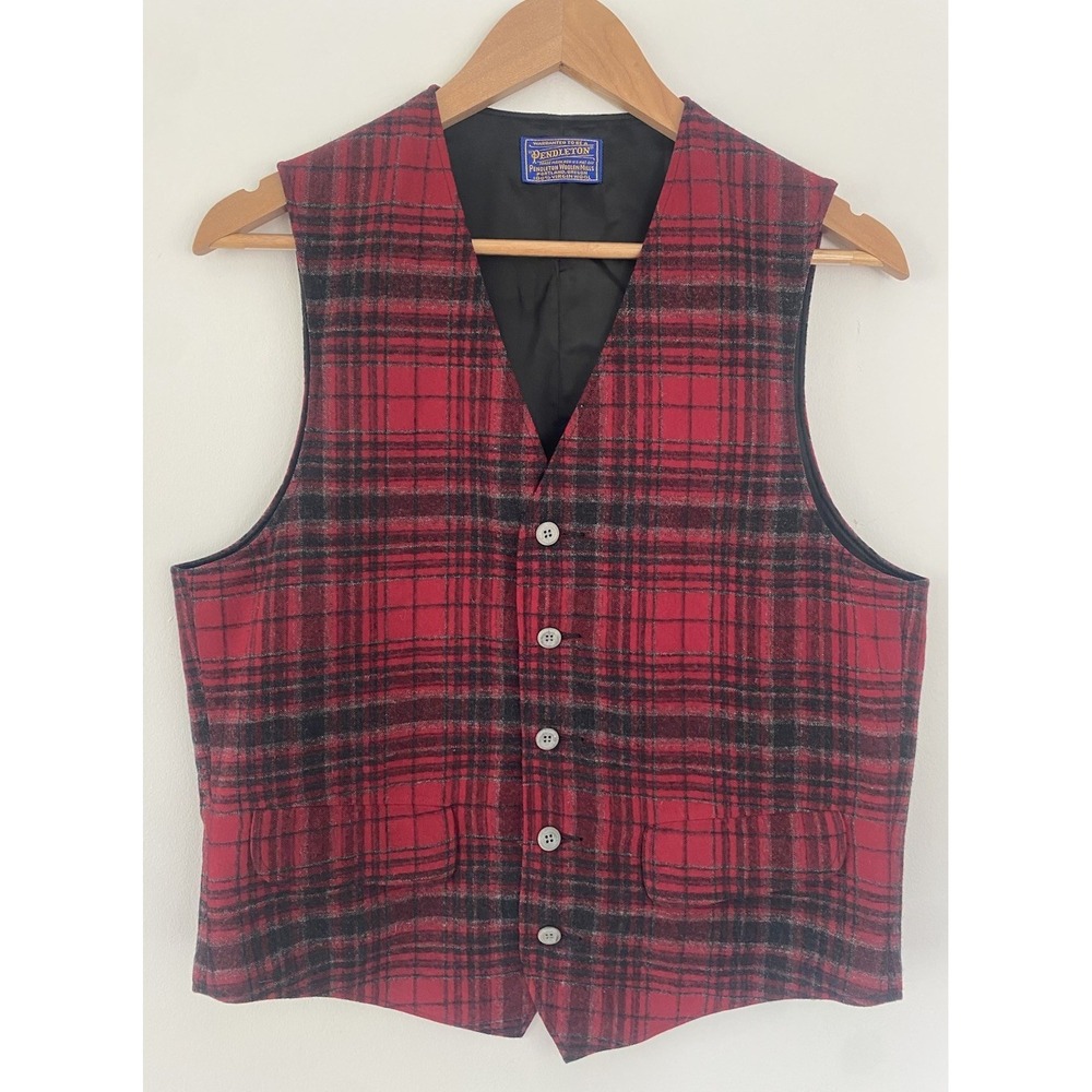Vintage Pendleton Men's Virgin Wool Tartan Vest Shadow Plaid Red Black Grey 40"